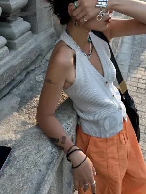 Button V-Neck Knit Vest