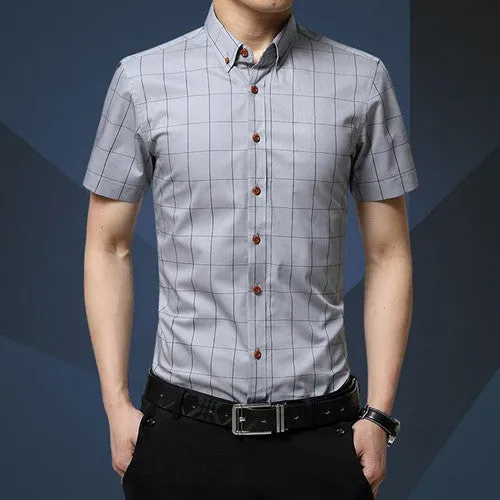 Casual Men Shirt Plaid Short-sleeved Men's Shirts Slim Fit Cotton Fashion Social Chemise Homme 5XL MC0369