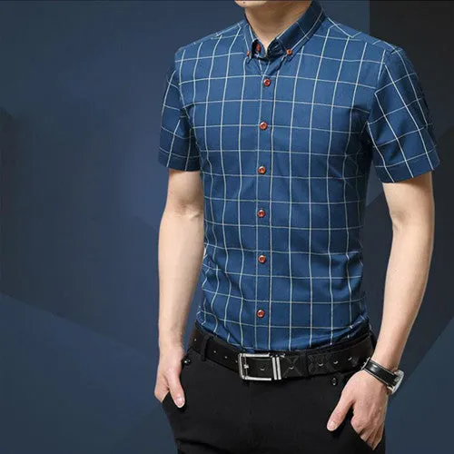 Casual Men Shirt Plaid Short-sleeved Men's Shirts Slim Fit Cotton Fashion Social Chemise Homme 5XL MC0369