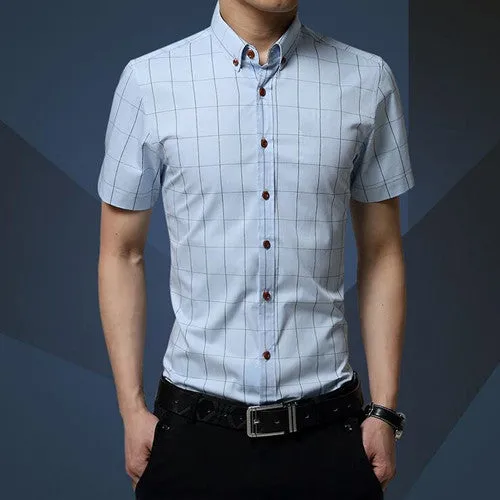 Casual Men Shirt Plaid Short-sleeved Men's Shirts Slim Fit Cotton Fashion Social Chemise Homme 5XL MC0369