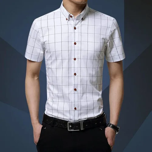 Casual Men Shirt Plaid Short-sleeved Men's Shirts Slim Fit Cotton Fashion Social Chemise Homme 5XL MC0369