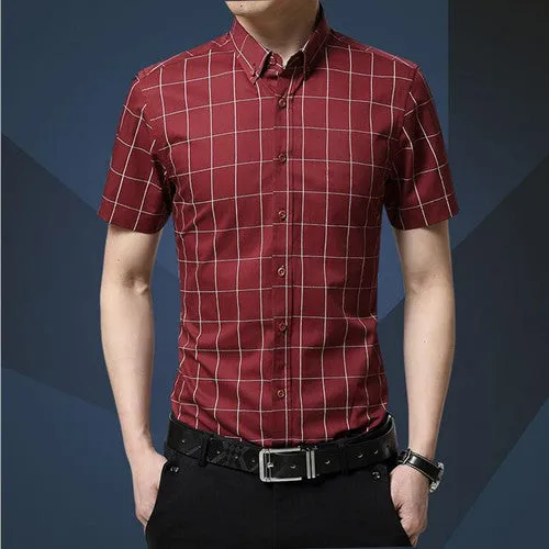 Casual Men Shirt Plaid Short-sleeved Men's Shirts Slim Fit Cotton Fashion Social Chemise Homme 5XL MC0369