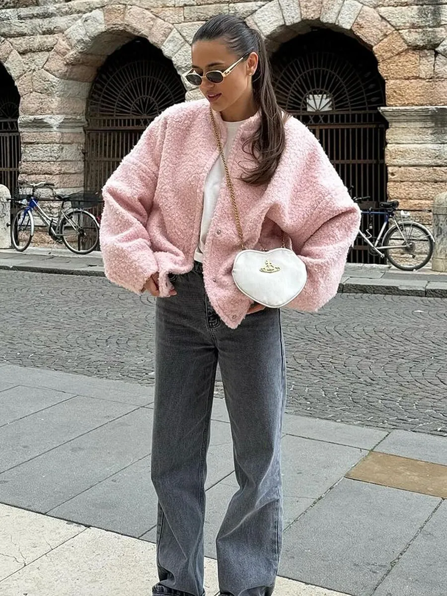 Charming Fluffy Pink Faux Leather Jacket for Women