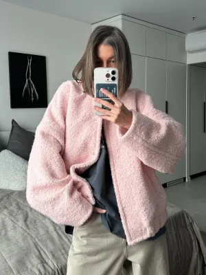 Charming Fluffy Pink Faux Leather Jacket for Women