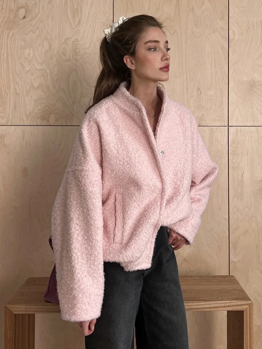 Charming Fluffy Pink Faux Leather Jacket for Women
