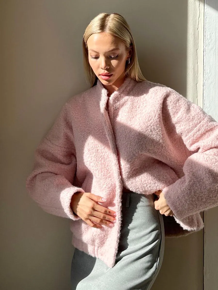 Charming Fluffy Pink Faux Leather Jacket for Women