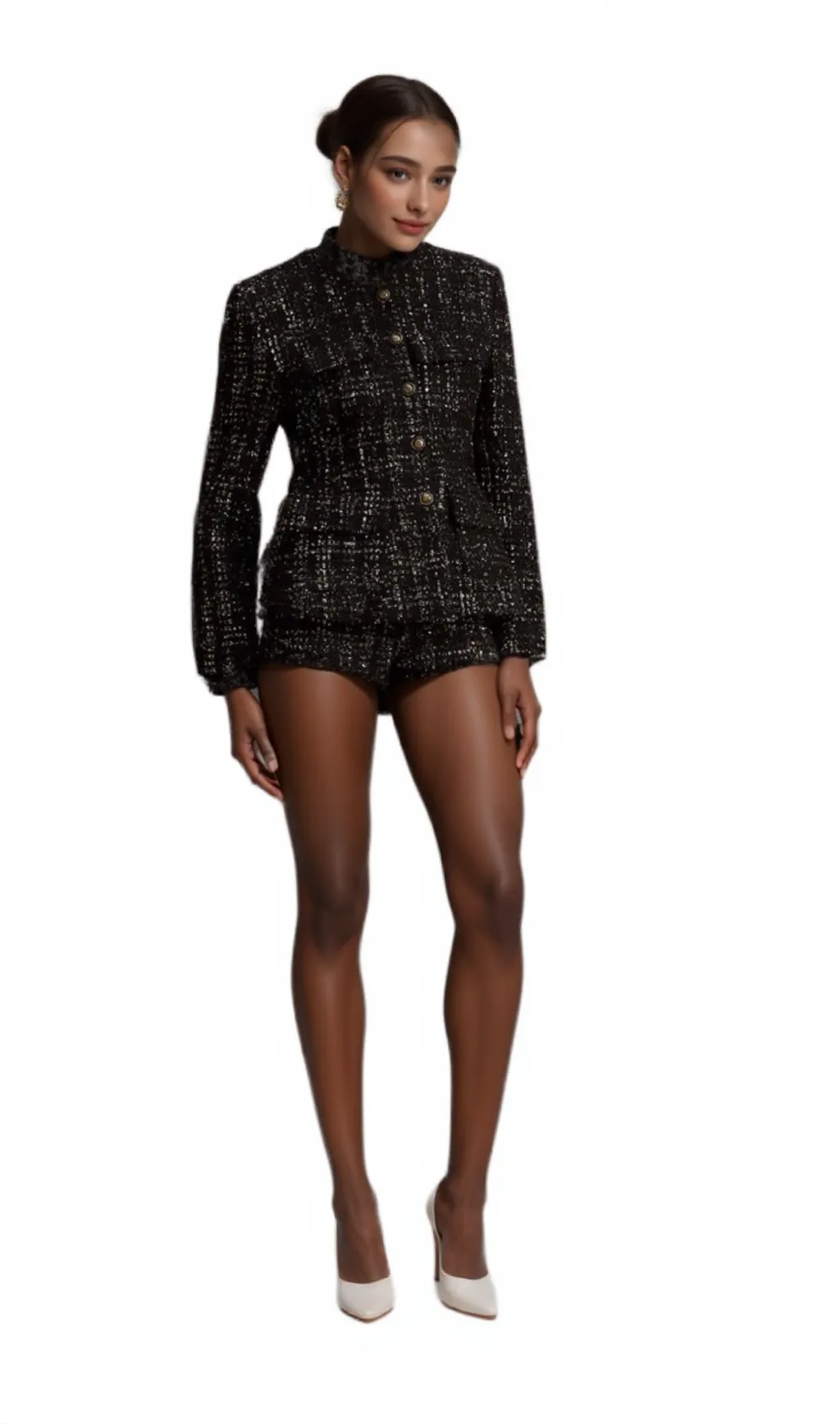 Claudine black metallic tweed jacket & shorts matching set