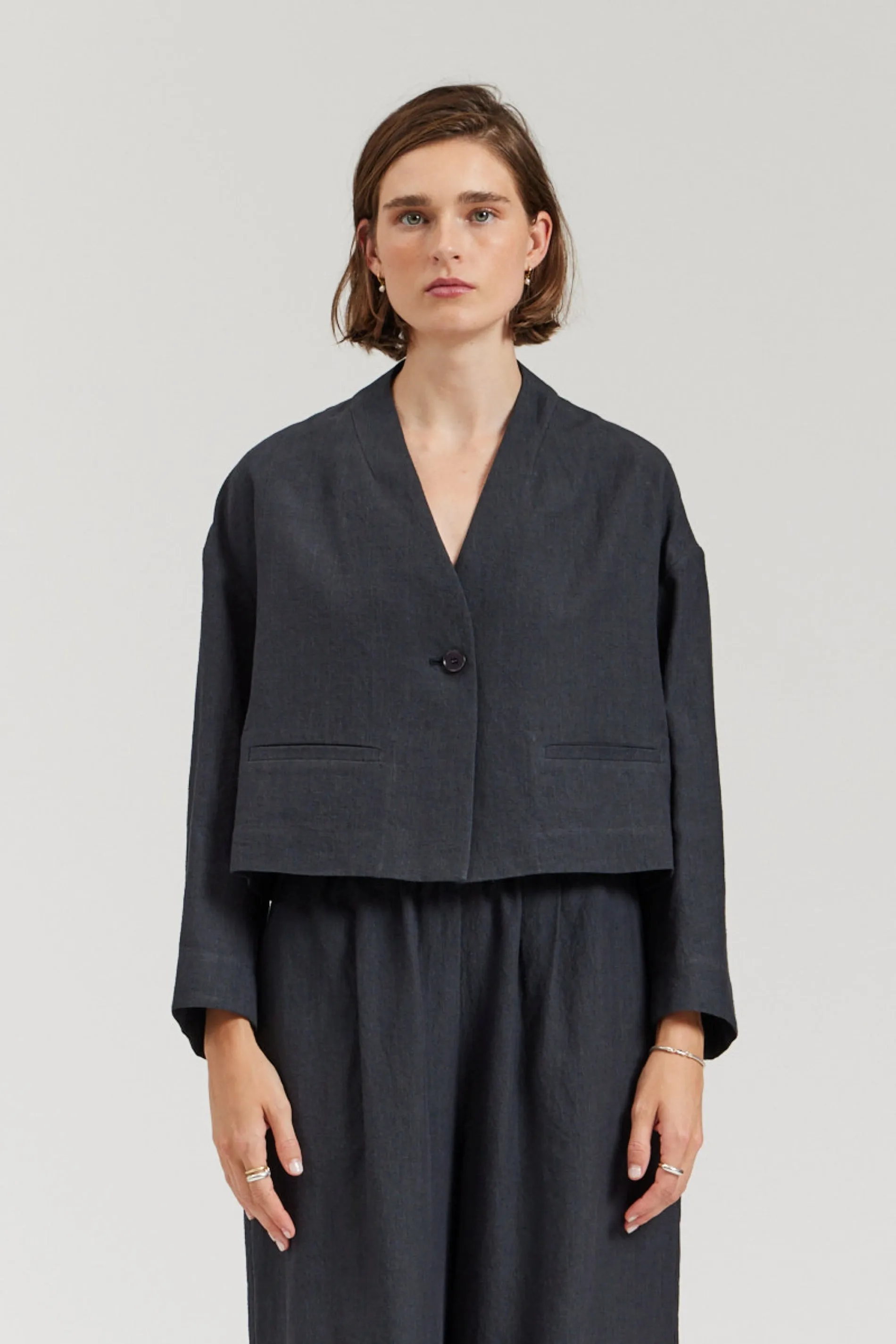 Collarless Cropped Blazer in Deep Navy