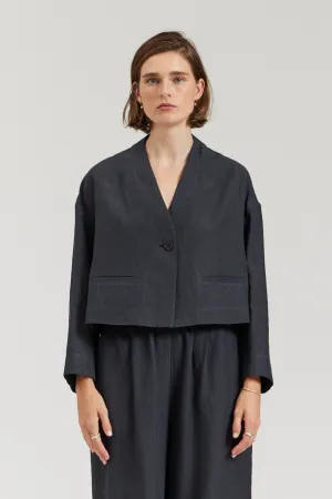 Collarless Cropped Blazer in Deep Navy