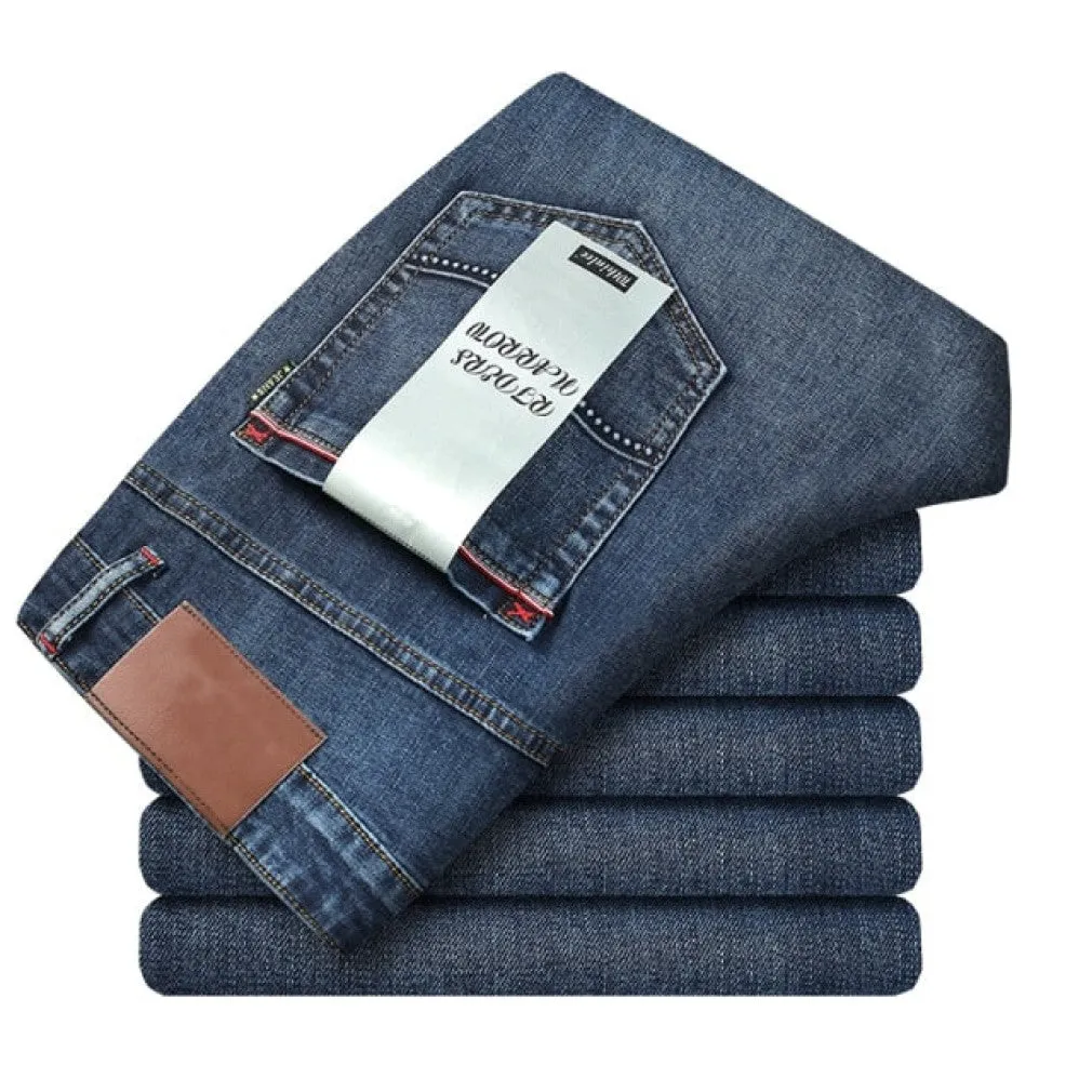 ContiNent 33 Spring Autumn Men's Smart Jeans Business Fashion Straight Regular Blue Stretch Denim Trousers Classic Men Plus Size 28-40