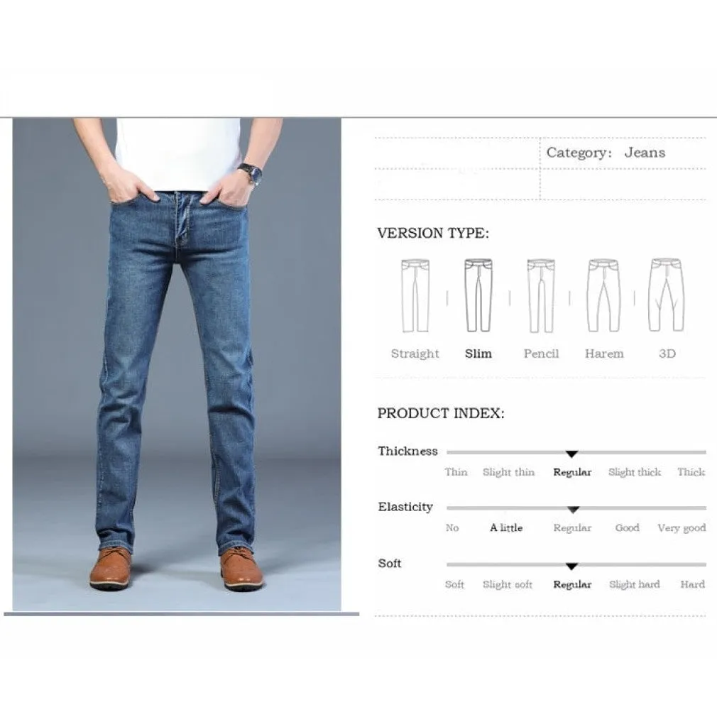 ContiNent 33 Spring Autumn Men's Smart Jeans Business Fashion Straight Regular Blue Stretch Denim Trousers Classic Men Plus Size 28-40