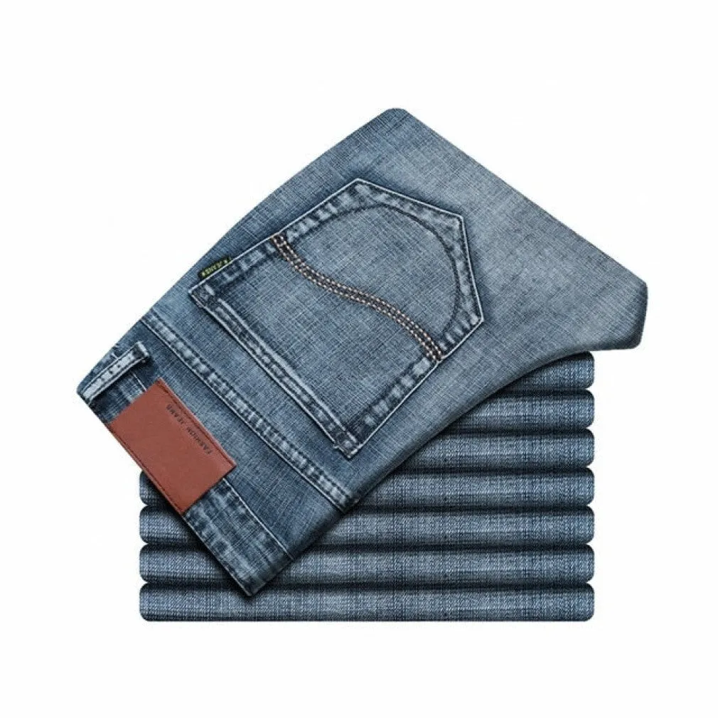 ContiNent 33 Spring Autumn Men's Smart Jeans Business Fashion Straight Regular Blue Stretch Denim Trousers Classic Men Plus Size 28-40