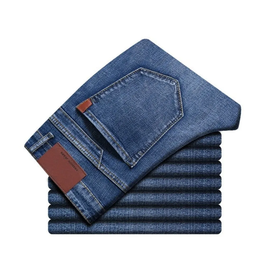 ContiNent 33 Spring Autumn Men's Smart Jeans Business Fashion Straight Regular Blue Stretch Denim Trousers Classic Men Plus Size 28-40