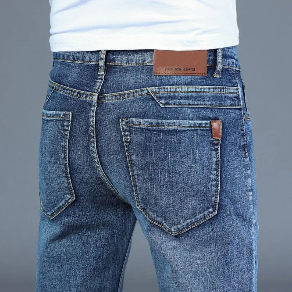 ContiNent 33 Spring Autumn Men's Smart Jeans Business Fashion Straight Regular Blue Stretch Denim Trousers Classic Men Plus Size 28-40
