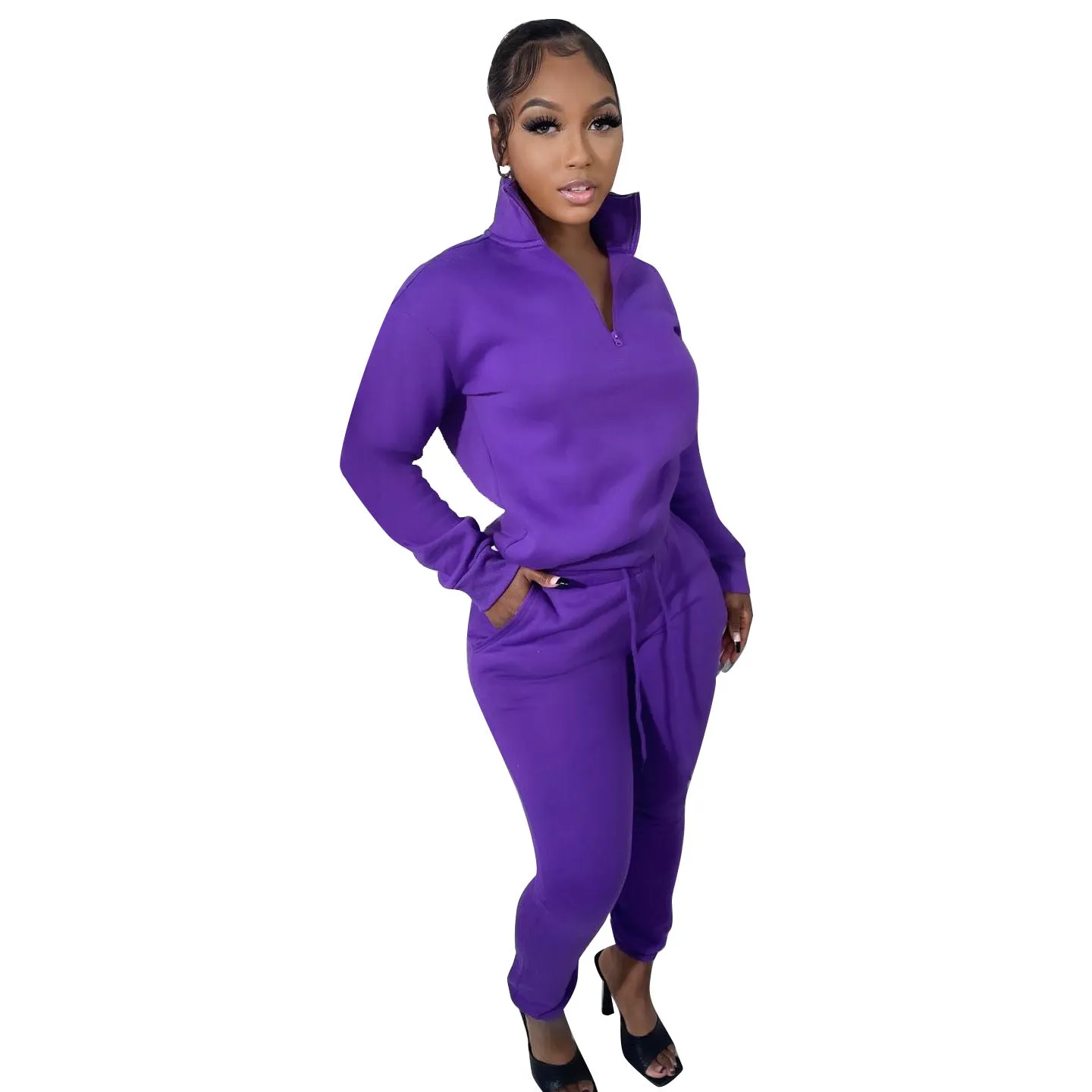 Cozy High-Neck Zipper Sweatshirt and Jogger Pants Two-Piece Set