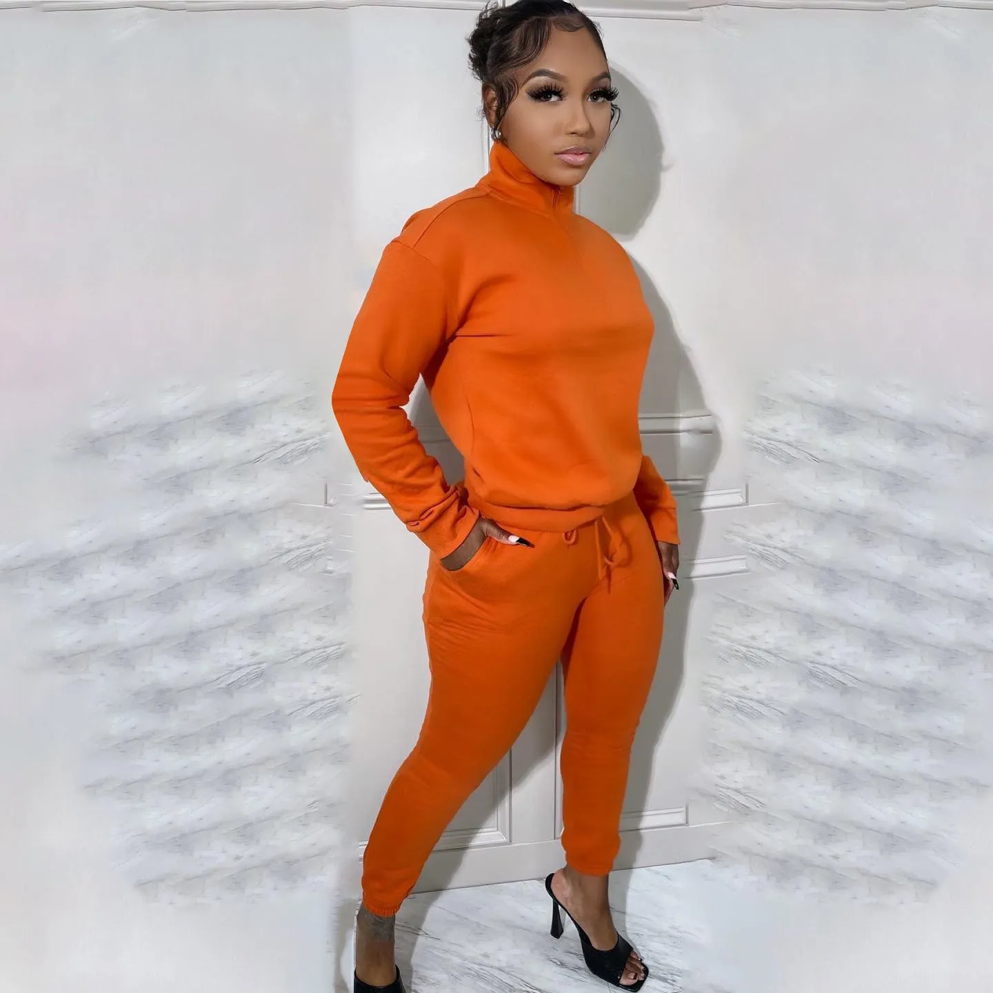 Cozy High-Neck Zipper Sweatshirt and Jogger Pants Two-Piece Set