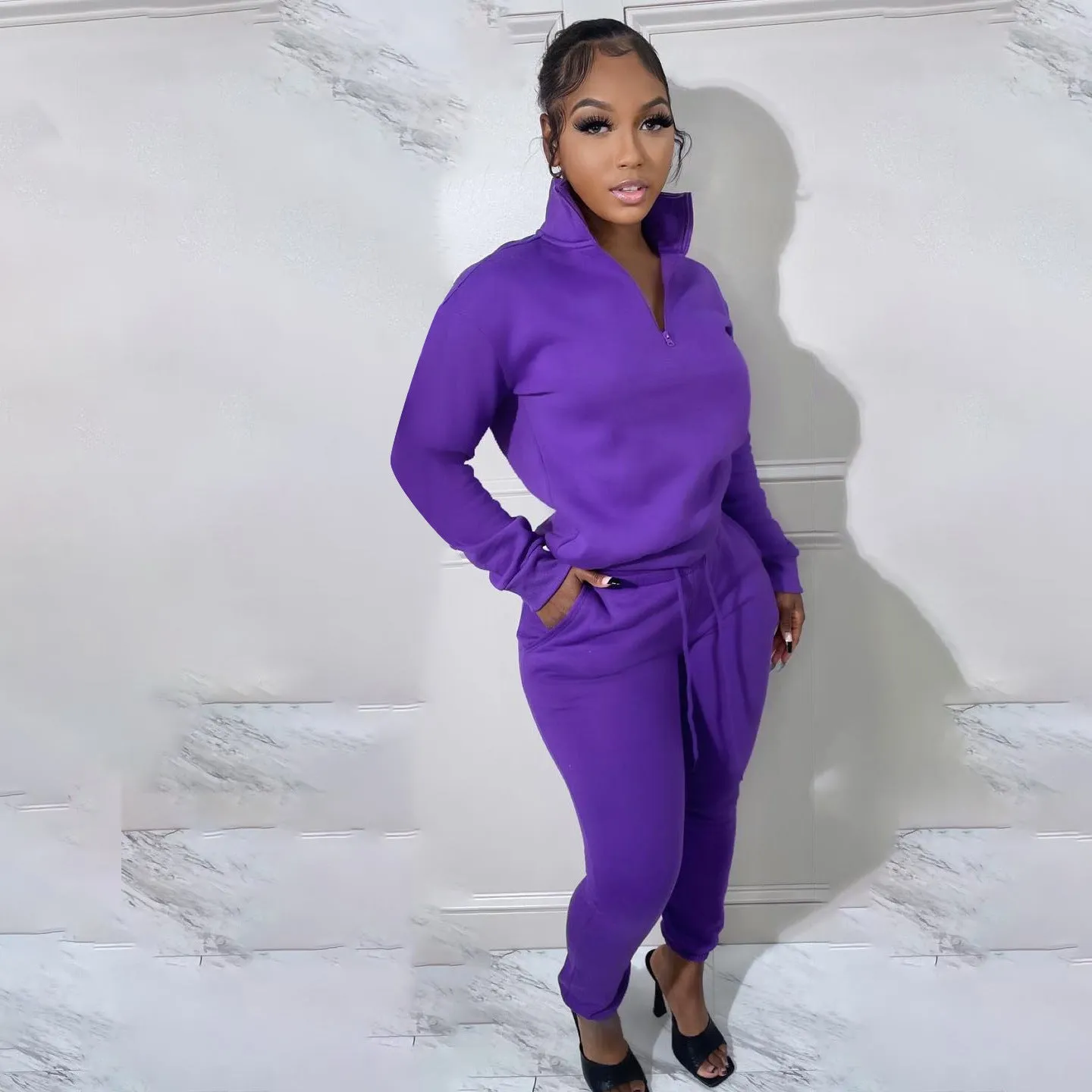 Cozy High-Neck Zipper Sweatshirt and Jogger Pants Two-Piece Set
