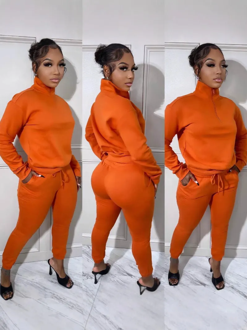 Cozy High-Neck Zipper Sweatshirt and Jogger Pants Two-Piece Set