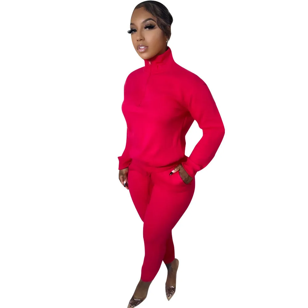 Cozy High-Neck Zipper Sweatshirt and Jogger Pants Two-Piece Set