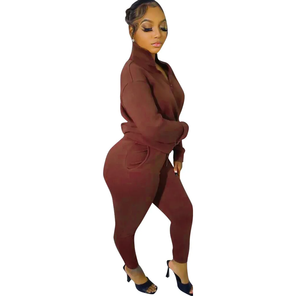 Cozy High-Neck Zipper Sweatshirt and Jogger Pants Two-Piece Set