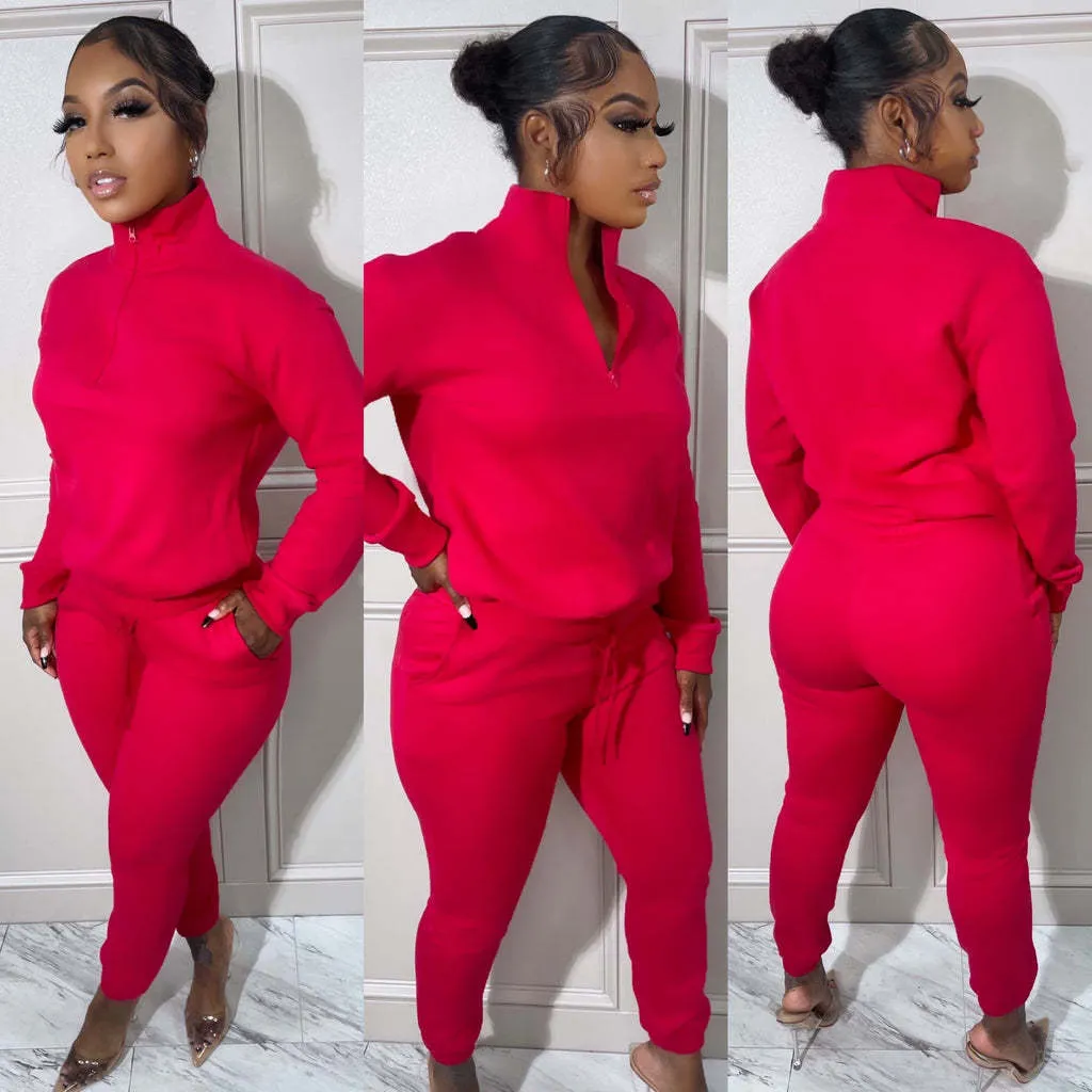 Cozy High-Neck Zipper Sweatshirt and Jogger Pants Two-Piece Set