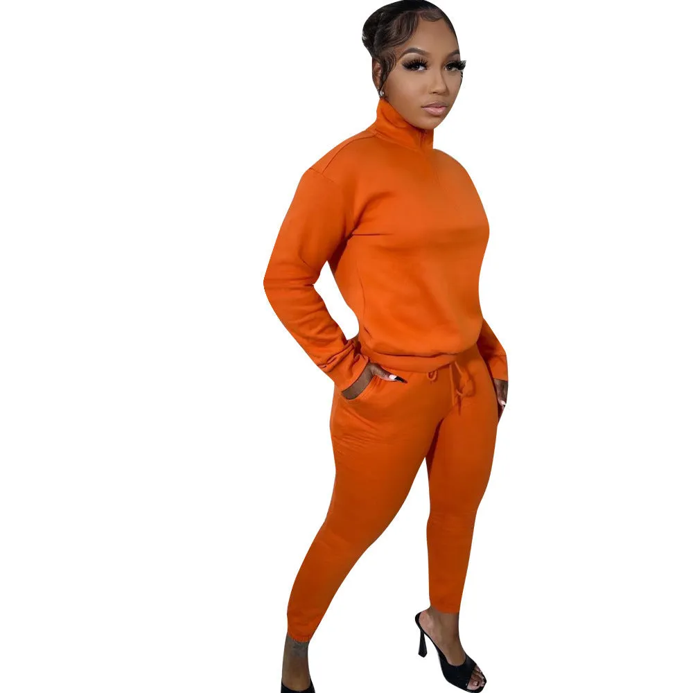 Cozy High-Neck Zipper Sweatshirt and Jogger Pants Two-Piece Set