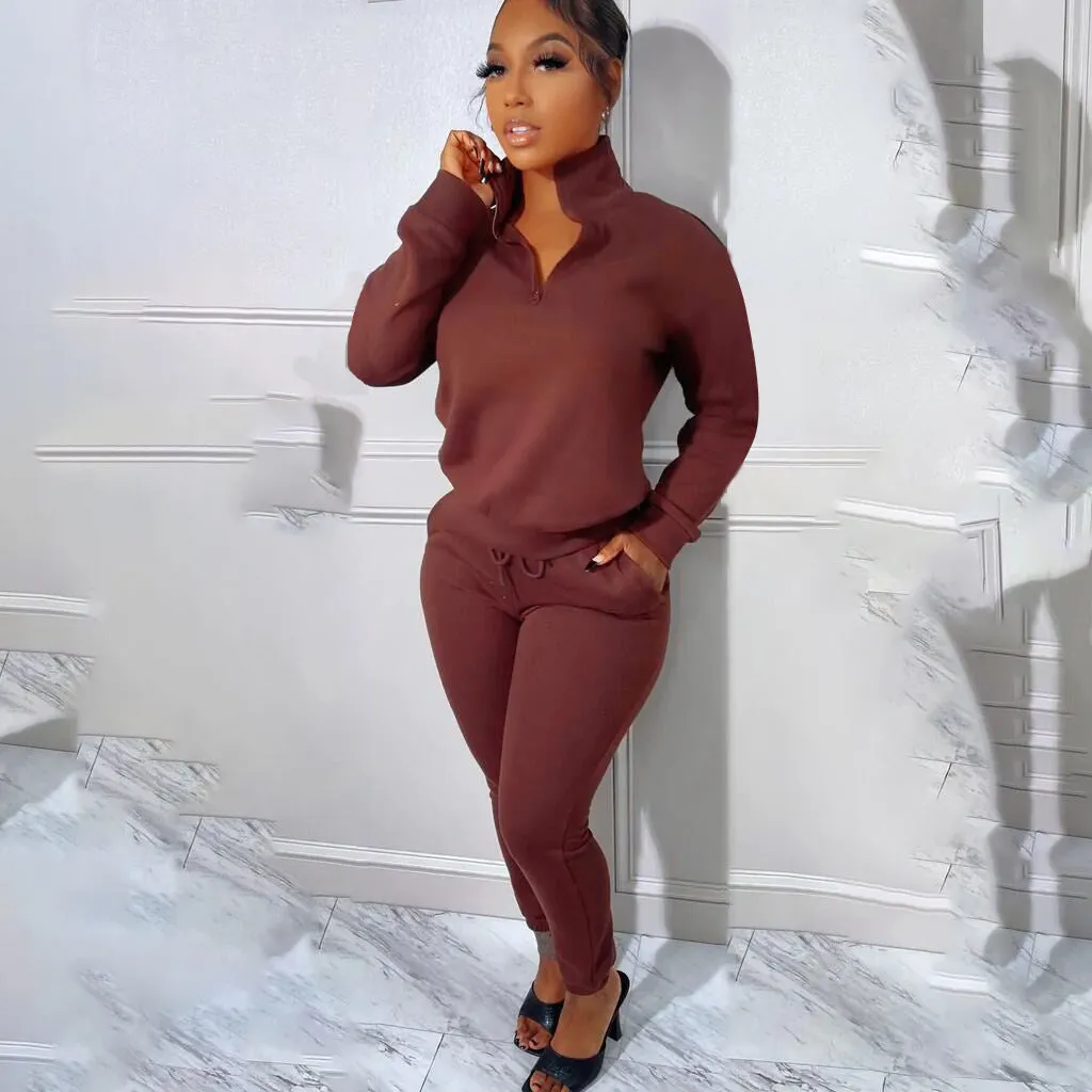 Cozy High-Neck Zipper Sweatshirt and Jogger Pants Two-Piece Set