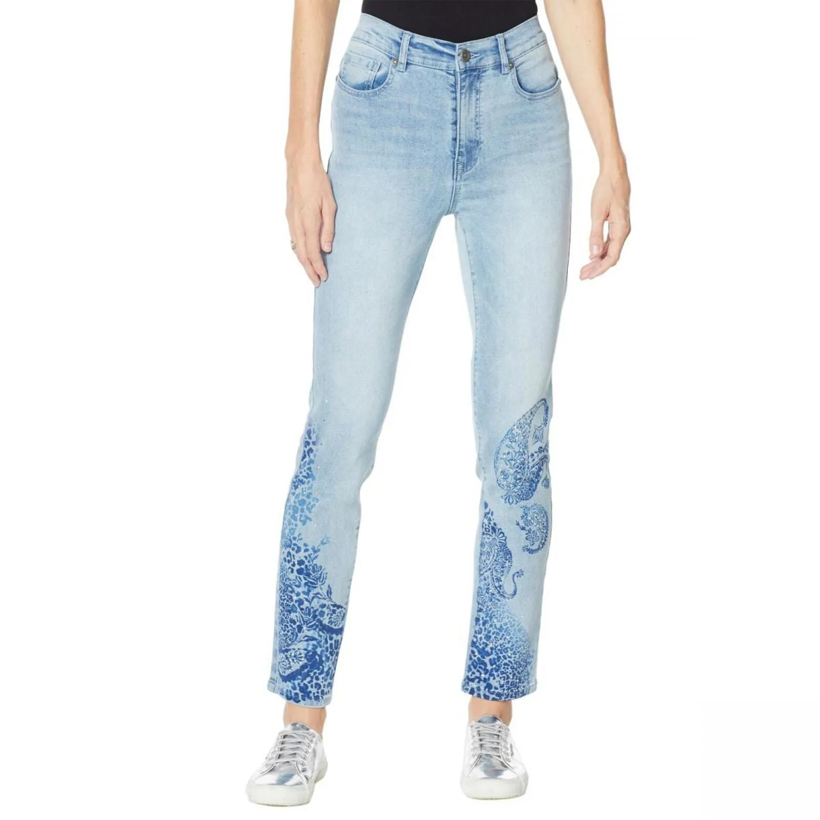 DG2 Womens Classic Stretch Artwork Printed Jean Chambray Paisley Spot Blue 6