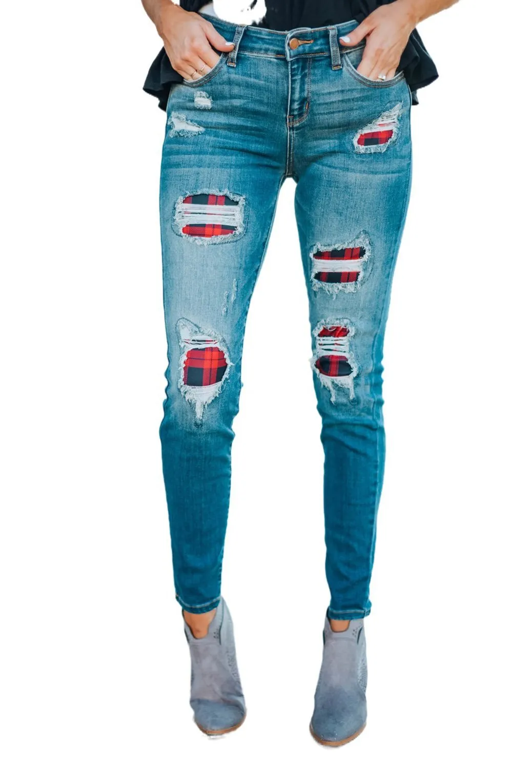 Fashion Red Plaid Patch Destroyed Skinny Jeans