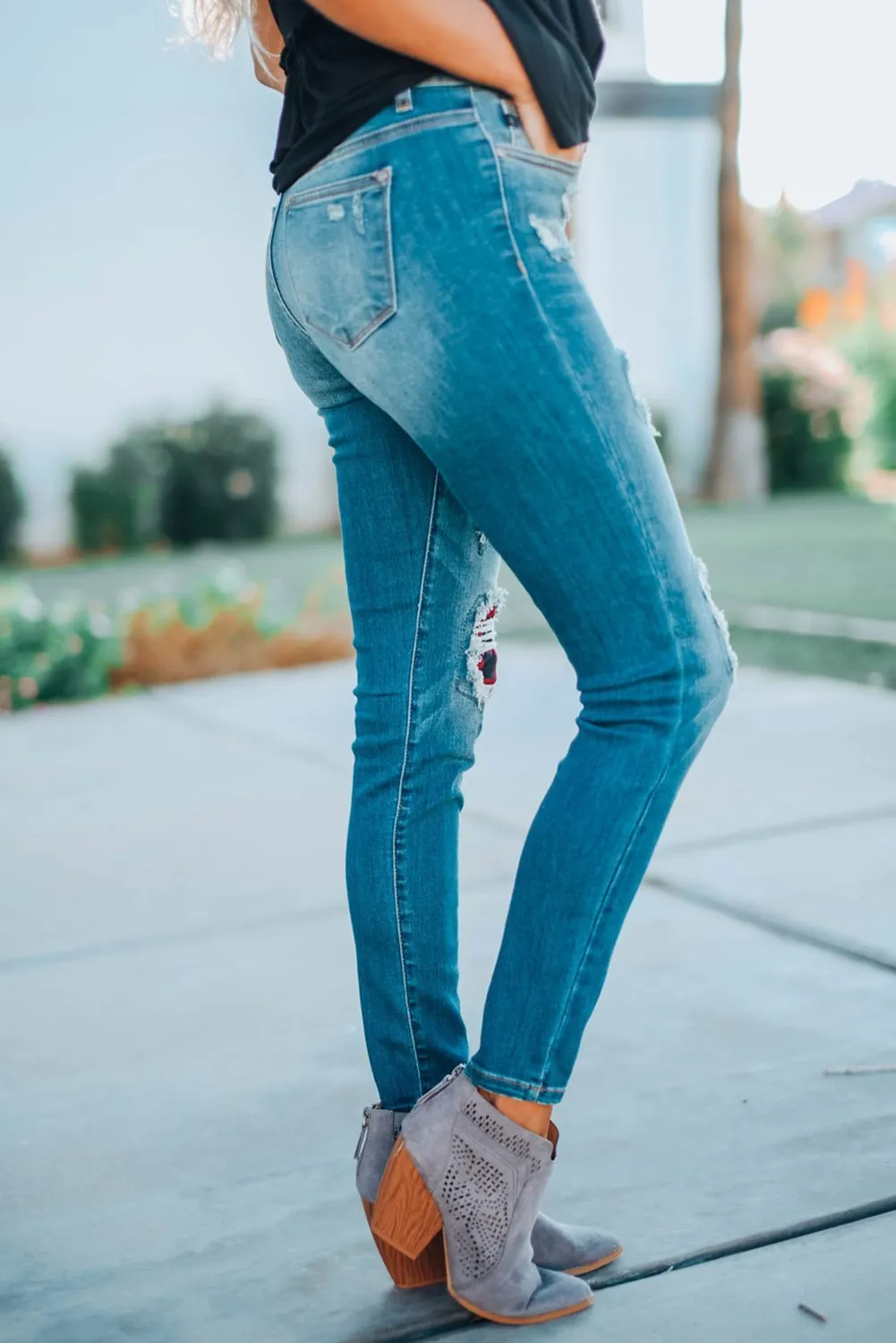 Fashion Red Plaid Patch Destroyed Skinny Jeans