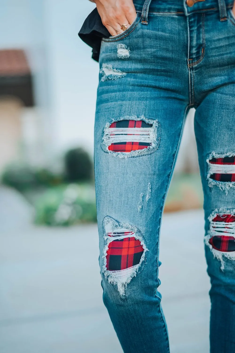 Fashion Red Plaid Patch Destroyed Skinny Jeans