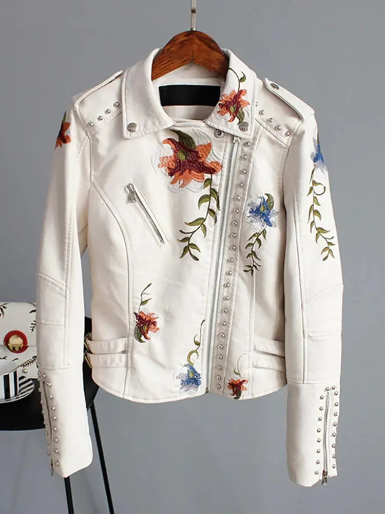 Floral Print Faux Leather Motorcycle Jacket