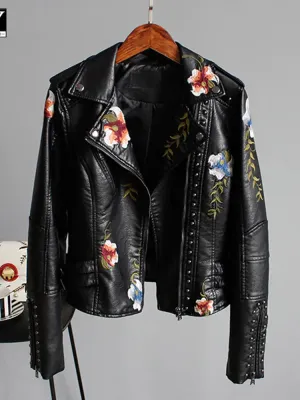 Floral Print Faux Leather Motorcycle Jacket