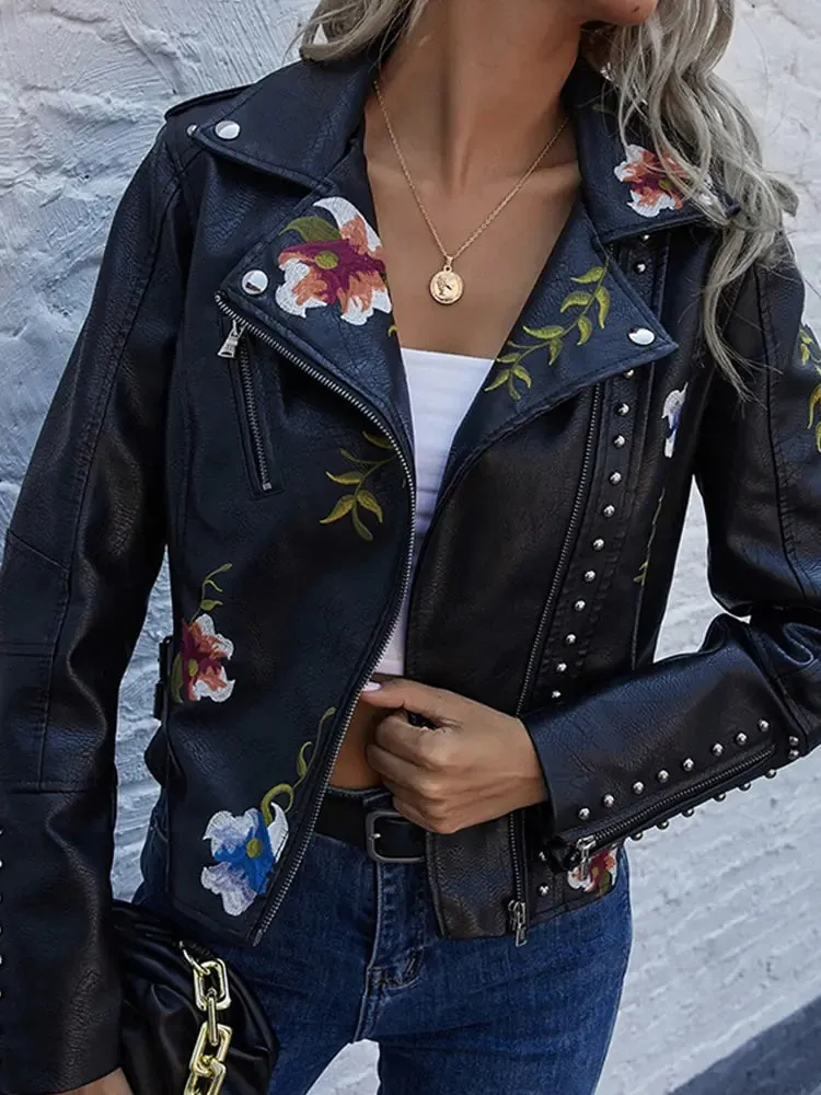 Floral Print Faux Leather Motorcycle Jacket