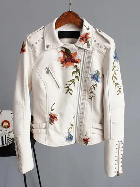 Floral Print Faux Leather Motorcycle Jacket