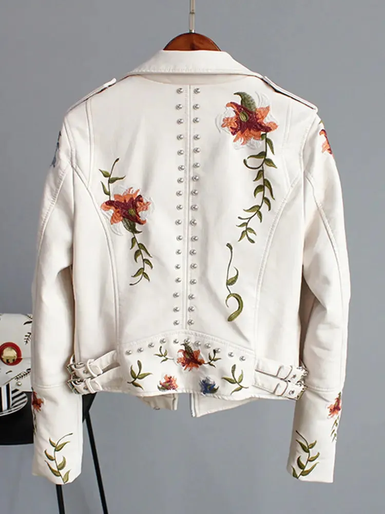Floral Print Faux Leather Motorcycle Jacket