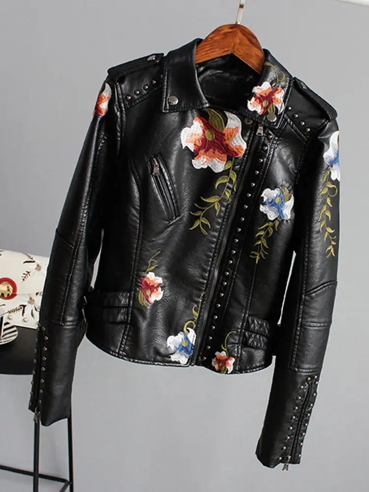 Floral Print Faux Leather Motorcycle Jacket