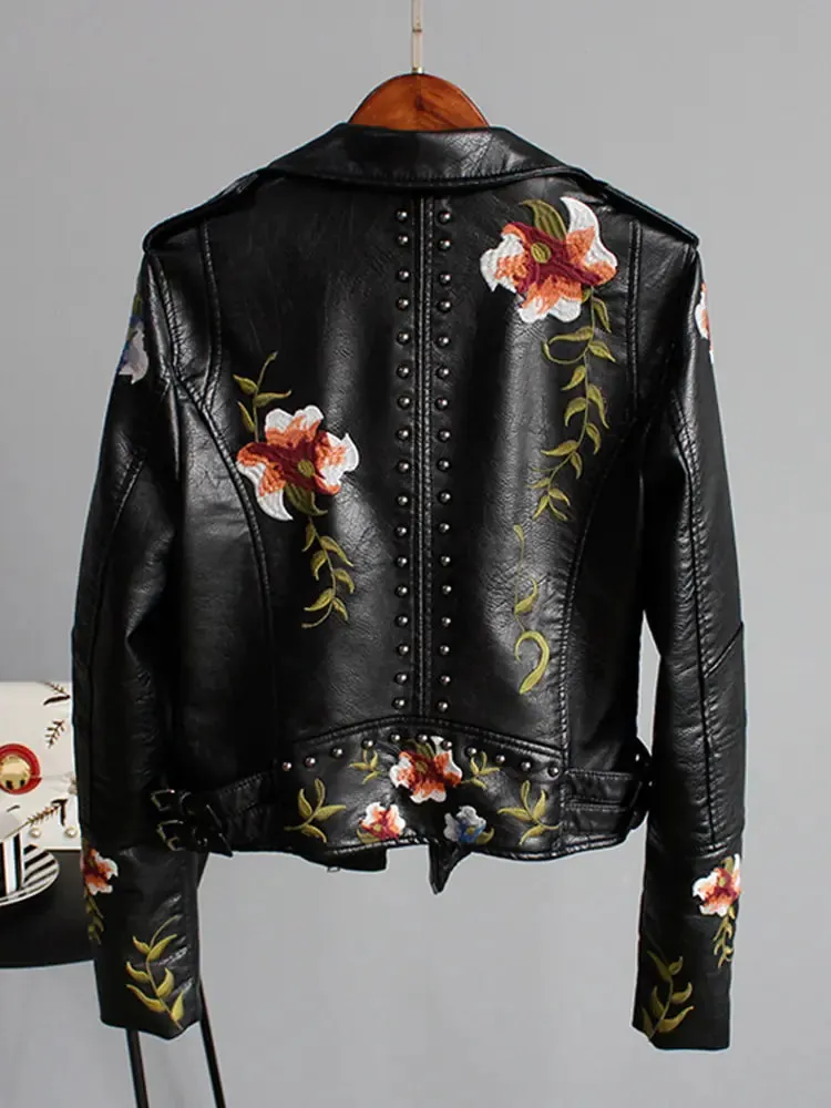 Floral Print Faux Leather Motorcycle Jacket