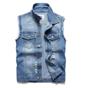Ginsiom Men's Denim Vest,Sleeveless Jacket Slim Fit Vintage distressed Casual Ripped Summer Jean Vest for Men