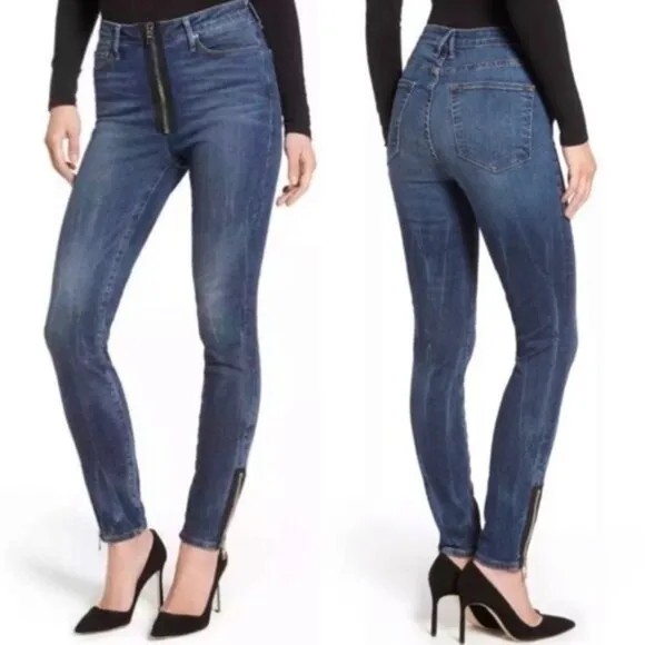GOOD AMERICAN Good Waist Jeans 10 30 Exposed Zipper Stretch Denim Ankle Zip Blue