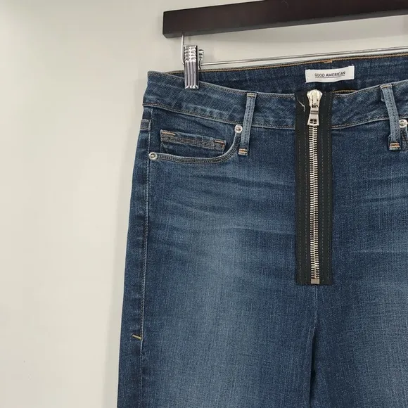 GOOD AMERICAN Good Waist Jeans 10 30 Exposed Zipper Stretch Denim Ankle Zip Blue