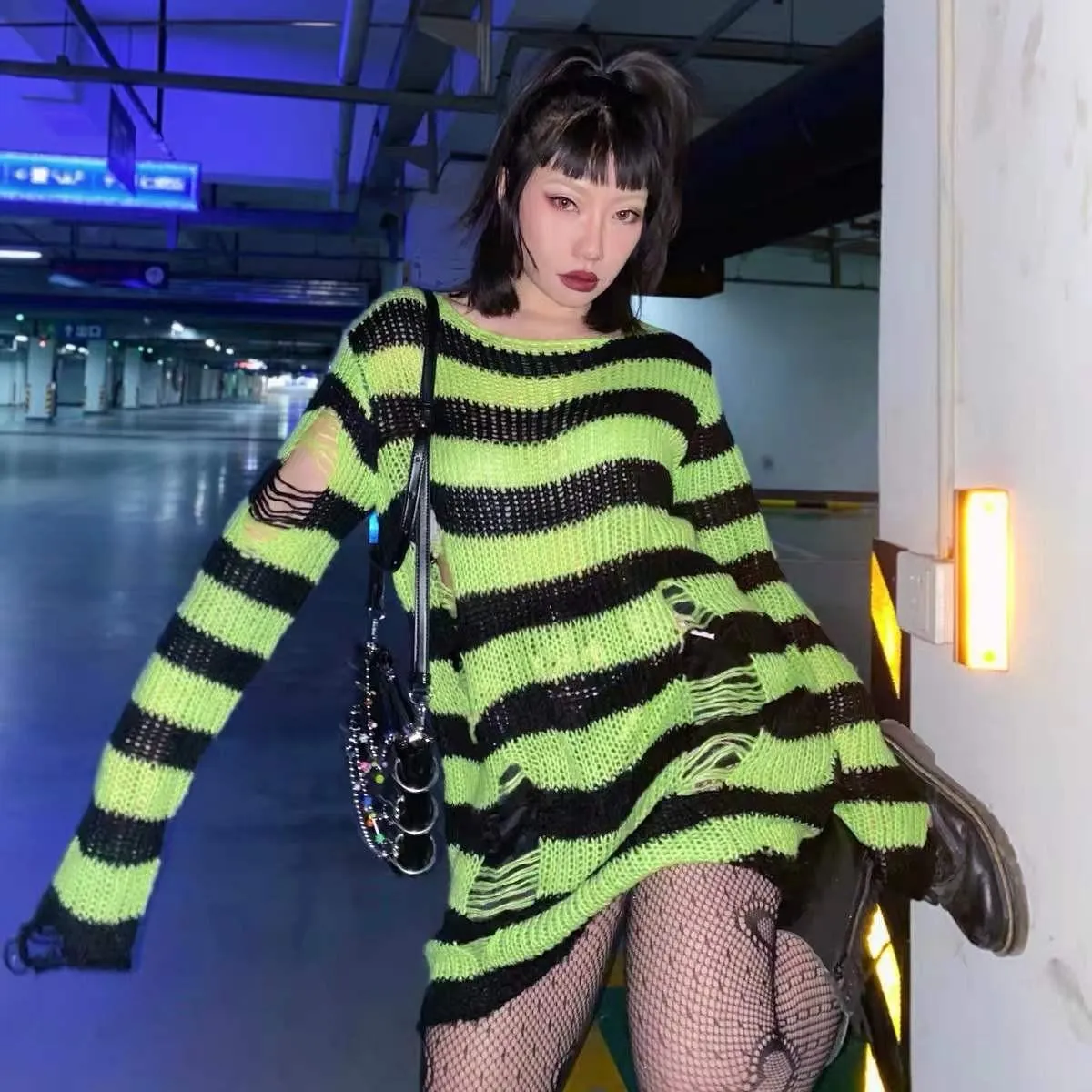 Gothic Sweater Women Knitted Striped Pullover