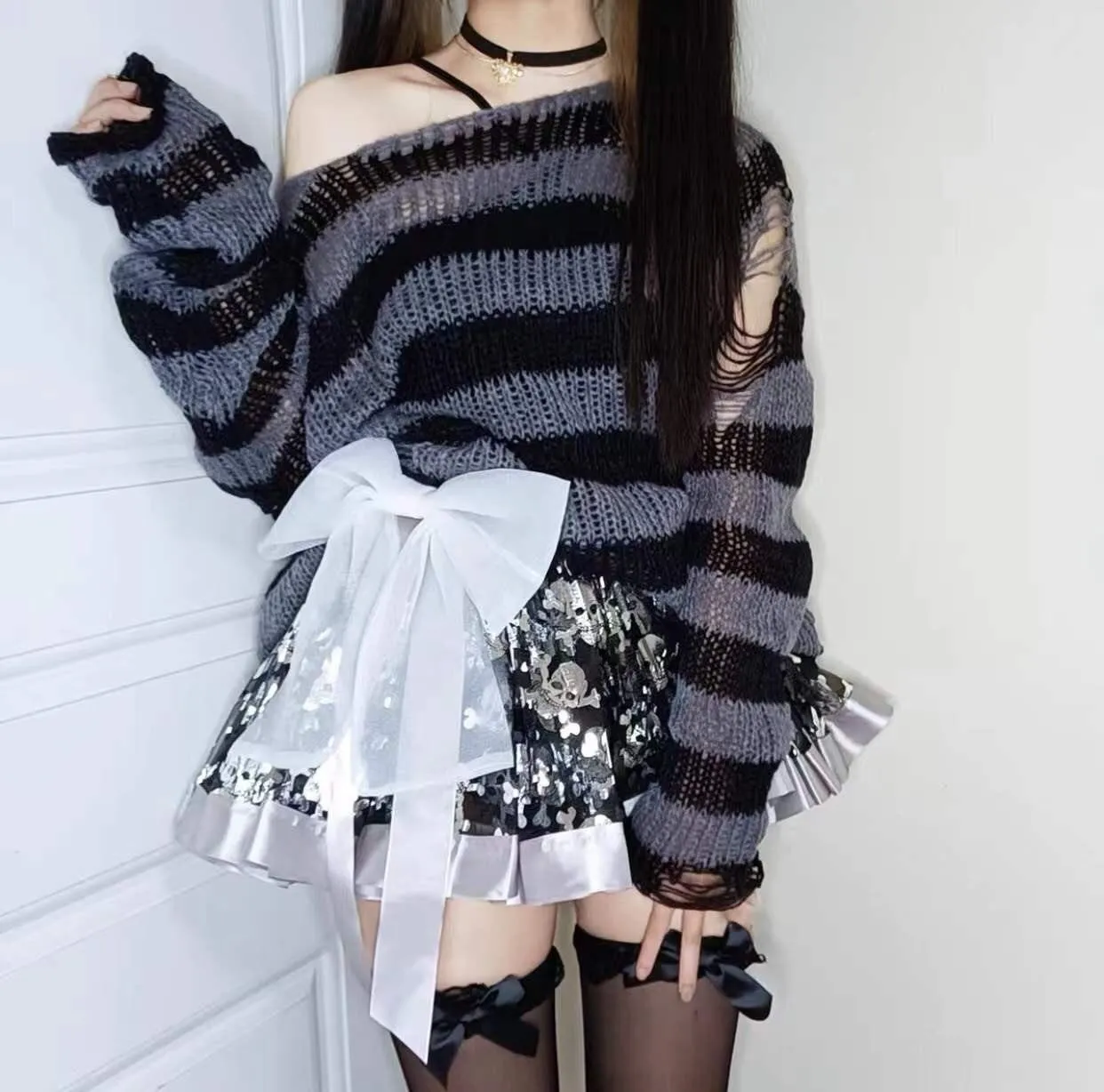 Gothic Sweater Women Knitted Striped Pullover