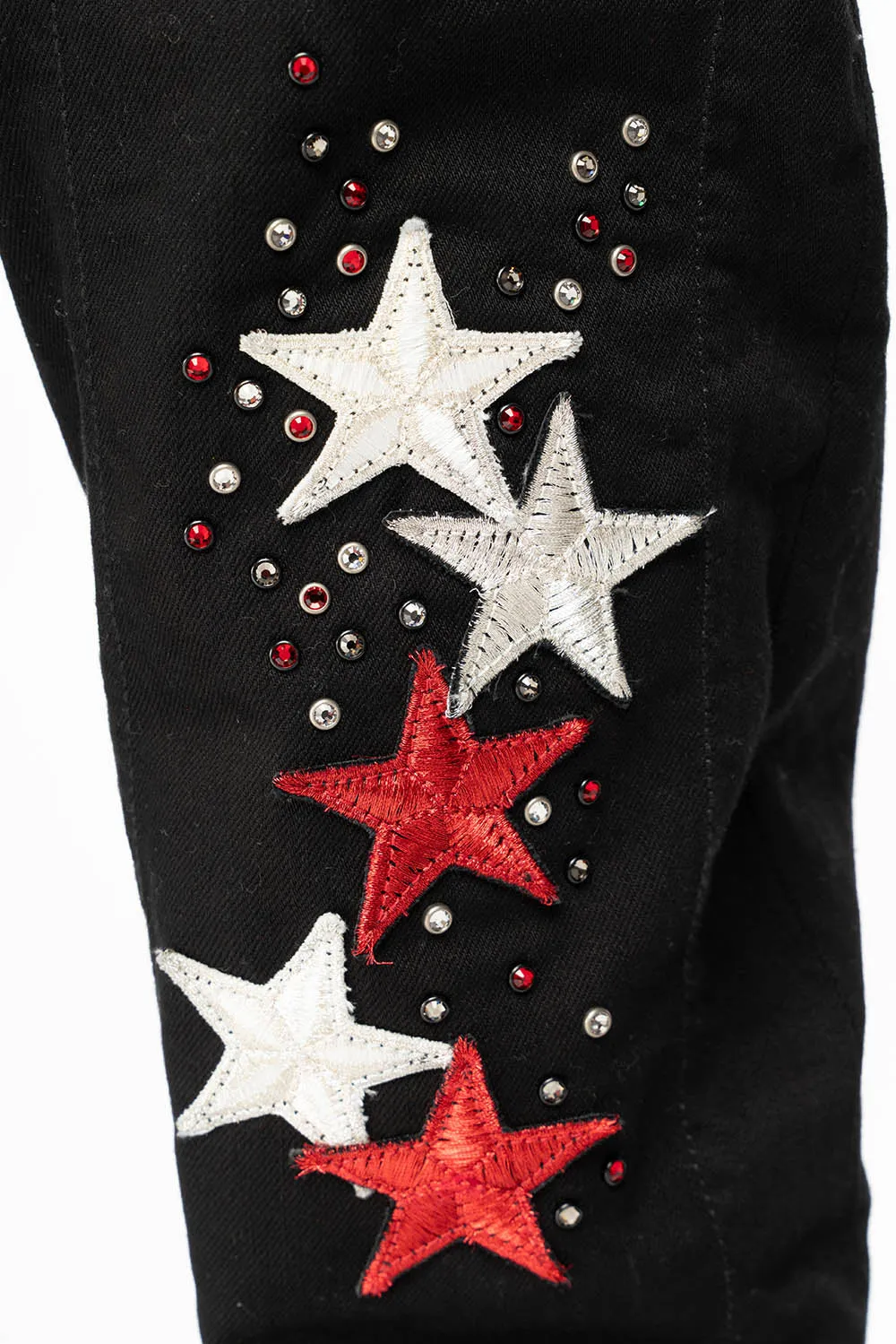 GYPSY STRAIGHT LEG JEANS LIMITED EDITION WITH STAR PATCHES  EMBELLISHED WITH CRYSTALS IN PURE BLACK