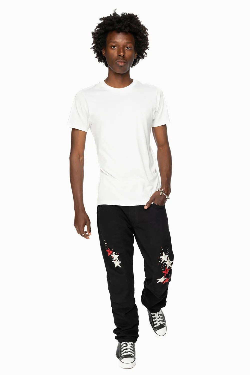 GYPSY STRAIGHT LEG JEANS LIMITED EDITION WITH STAR PATCHES  EMBELLISHED WITH CRYSTALS IN PURE BLACK