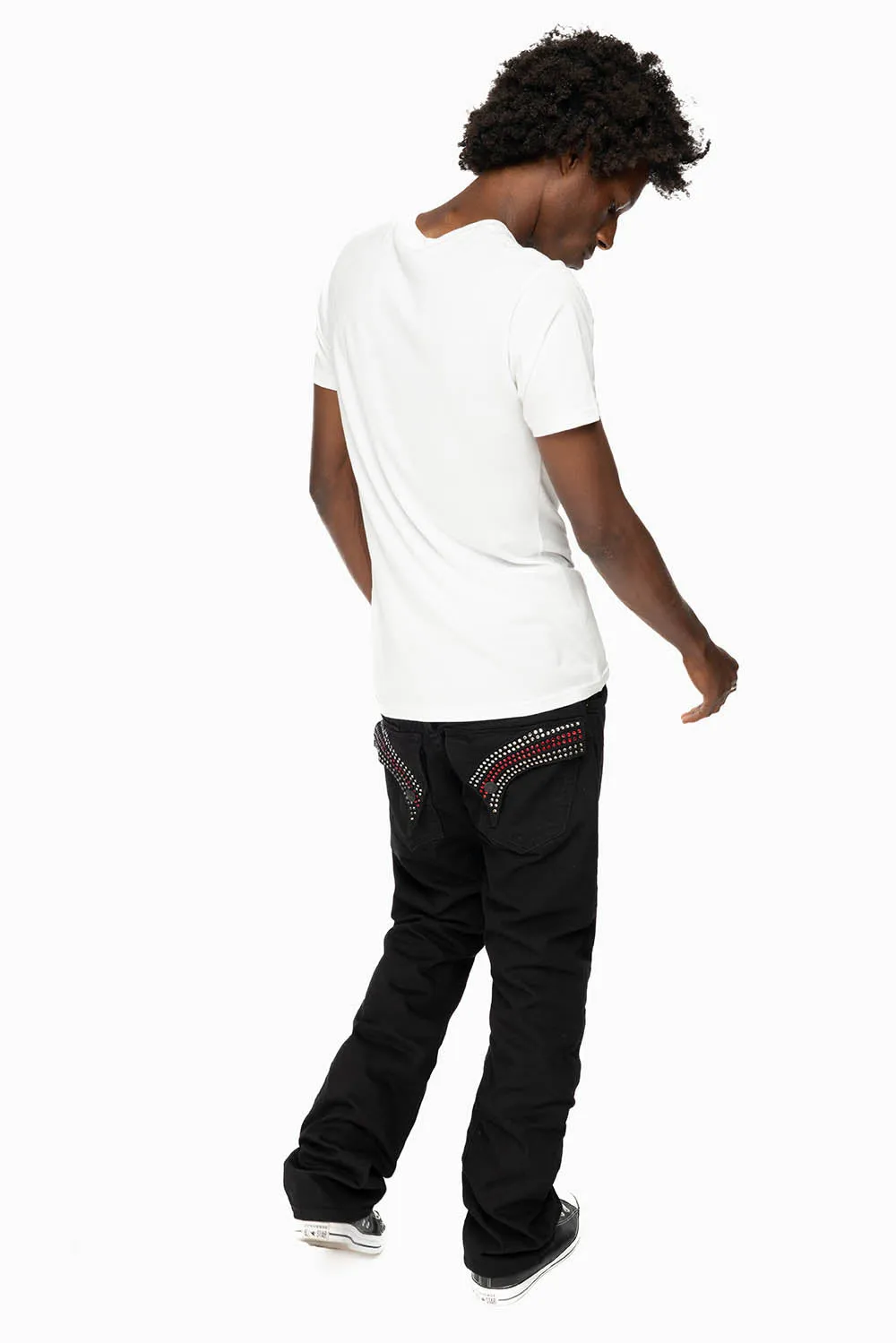 GYPSY STRAIGHT LEG JEANS LIMITED EDITION WITH STAR PATCHES  EMBELLISHED WITH CRYSTALS IN PURE BLACK