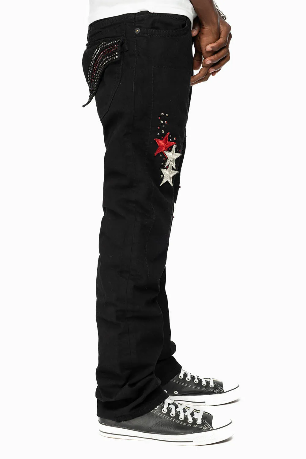 GYPSY STRAIGHT LEG JEANS LIMITED EDITION WITH STAR PATCHES  EMBELLISHED WITH CRYSTALS IN PURE BLACK