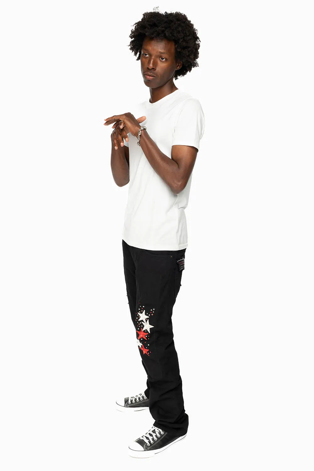 GYPSY STRAIGHT LEG JEANS LIMITED EDITION WITH STAR PATCHES  EMBELLISHED WITH CRYSTALS IN PURE BLACK