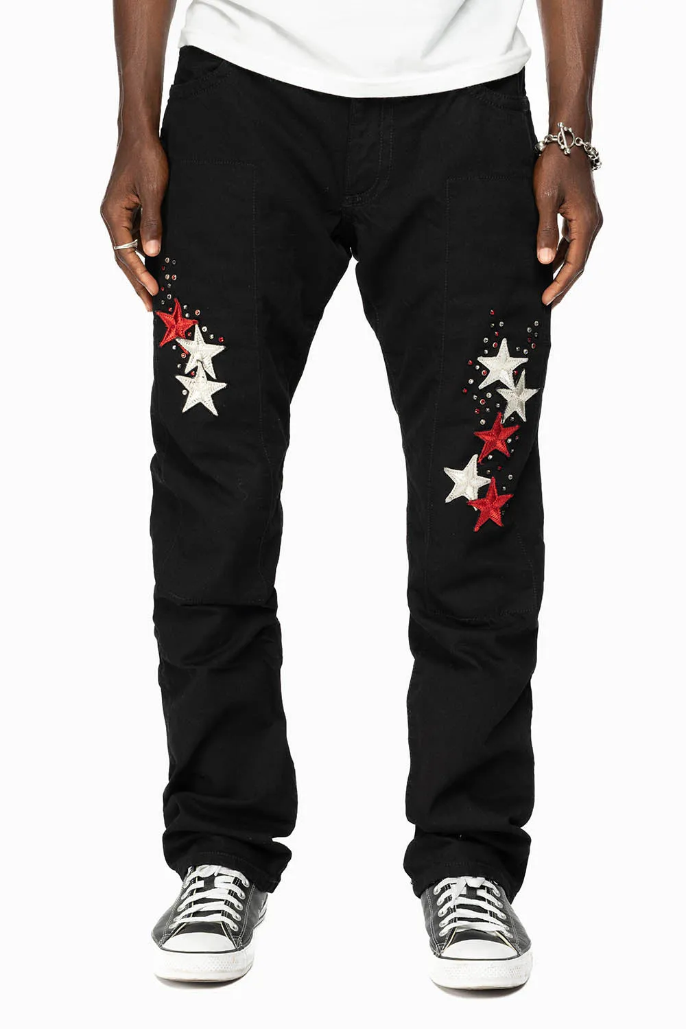 GYPSY STRAIGHT LEG JEANS LIMITED EDITION WITH STAR PATCHES  EMBELLISHED WITH CRYSTALS IN PURE BLACK