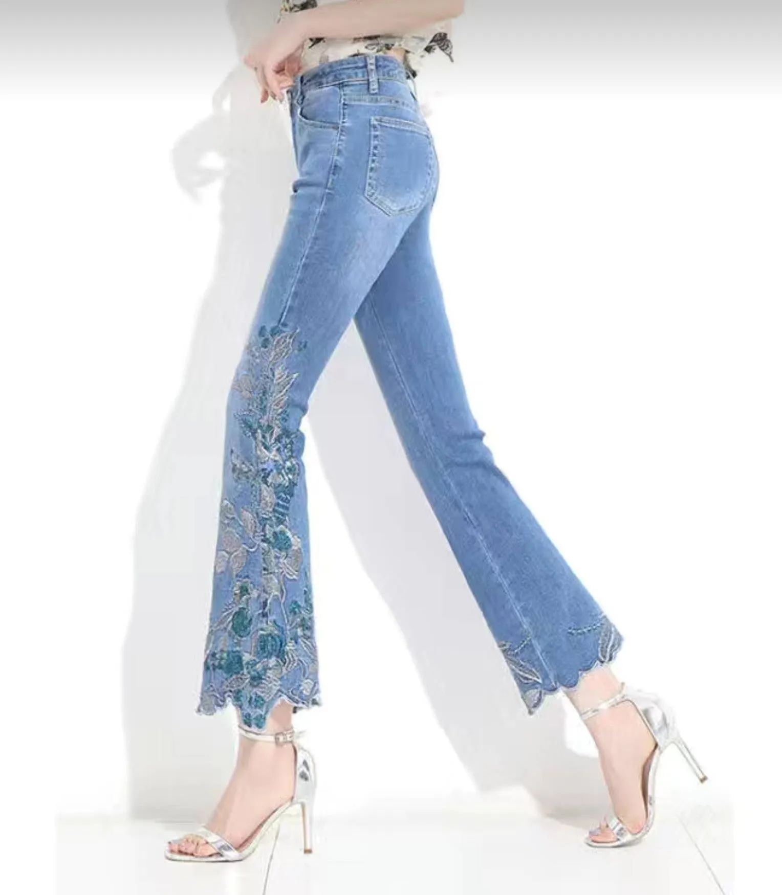 HAPPY- 000007 - B  High Waist Nine-point Floral Embroidery Flare Leg Jeans